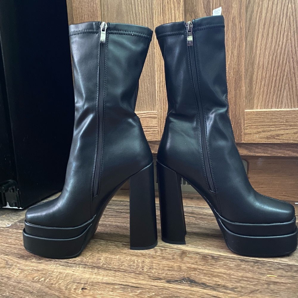 Womens Chunky Heel Ankle Boots Platform Block High Heel Round Toe Zipper Boots